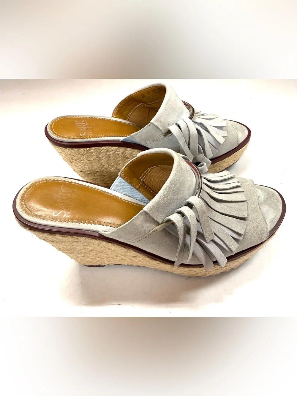 Franco Sarto Light Gray Suede Fringe Espadrille Wedge Mules size 8